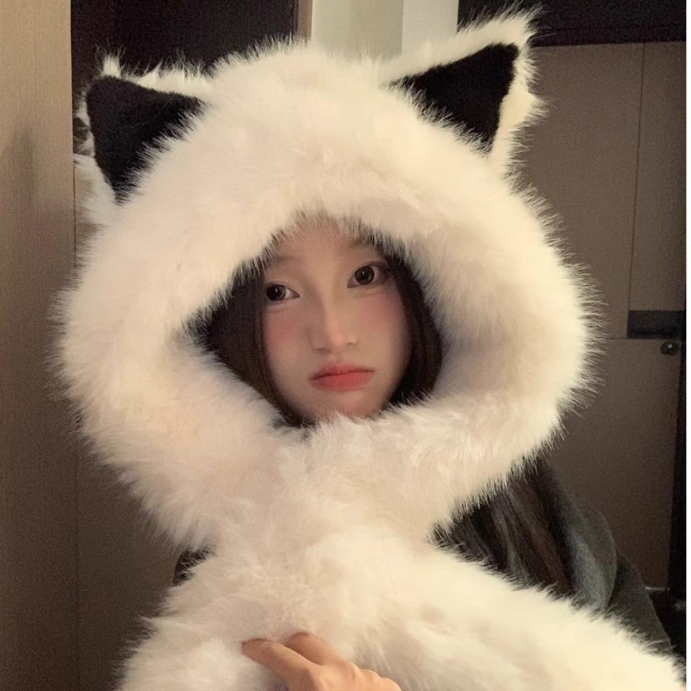 Soft Plush Beanie Hat Scarf Winter Warm Scarf Set Hooded Creative Integrated Cap Scarf