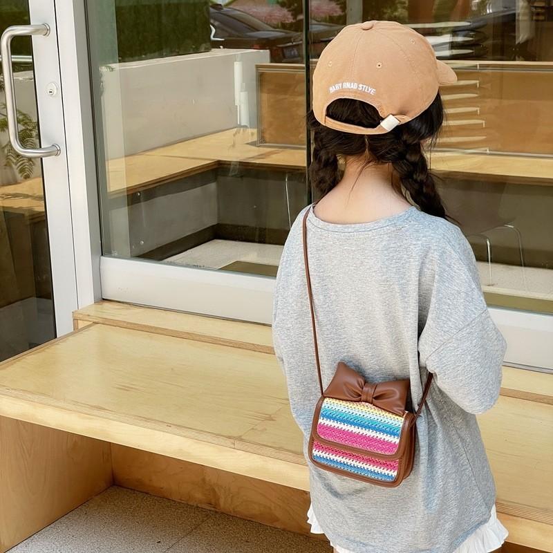 Trendy Woven Crossbody Bag For Boys And Girls Featuring Playful Color Combinations And Bow