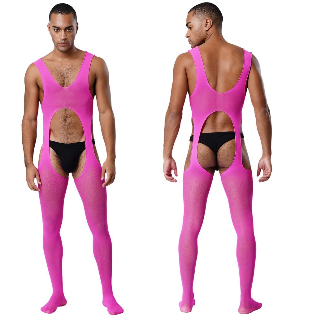 Mens See Through Sheer Jumpsuit Sleeveless Hollow Out Opening Crotch Bodysuit