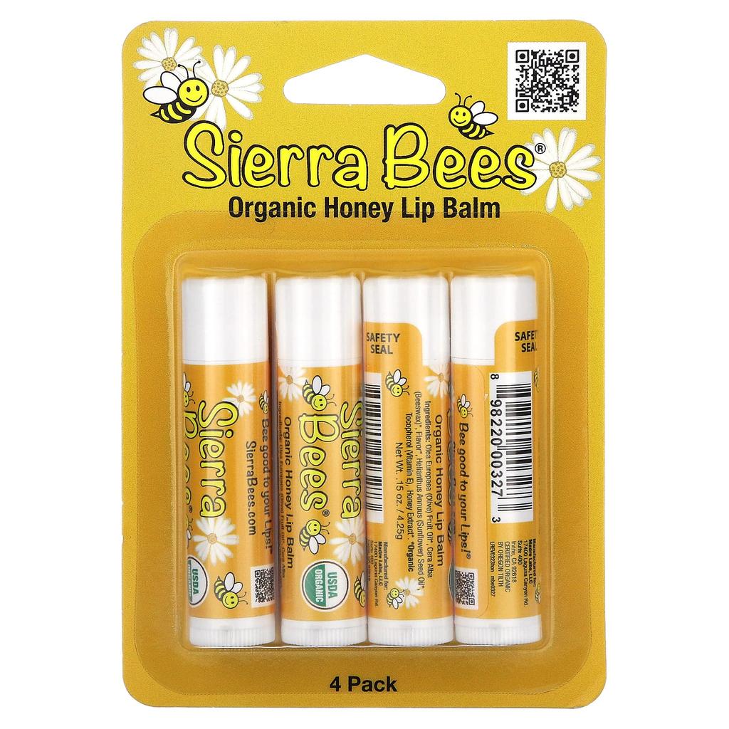 Sierra Bees Органический бальзам для губ, мед, 4 пакета, 0,15 унции (4,25 г) Каждый