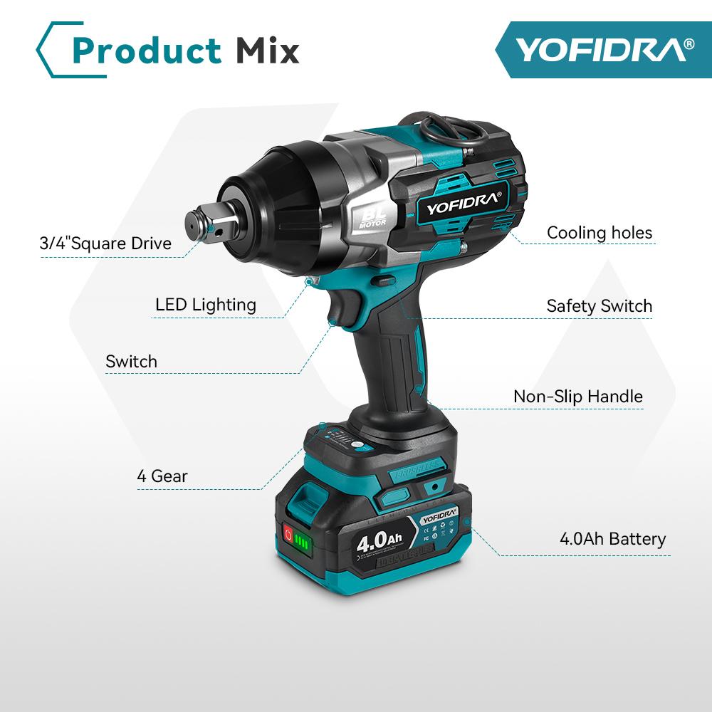 Yofidra 3300N.M 3/4" Brushless Electric Wrench 4 Gears Cordless Rechargeable Efficient Car Repair Power Tools For 18V-21V Battery