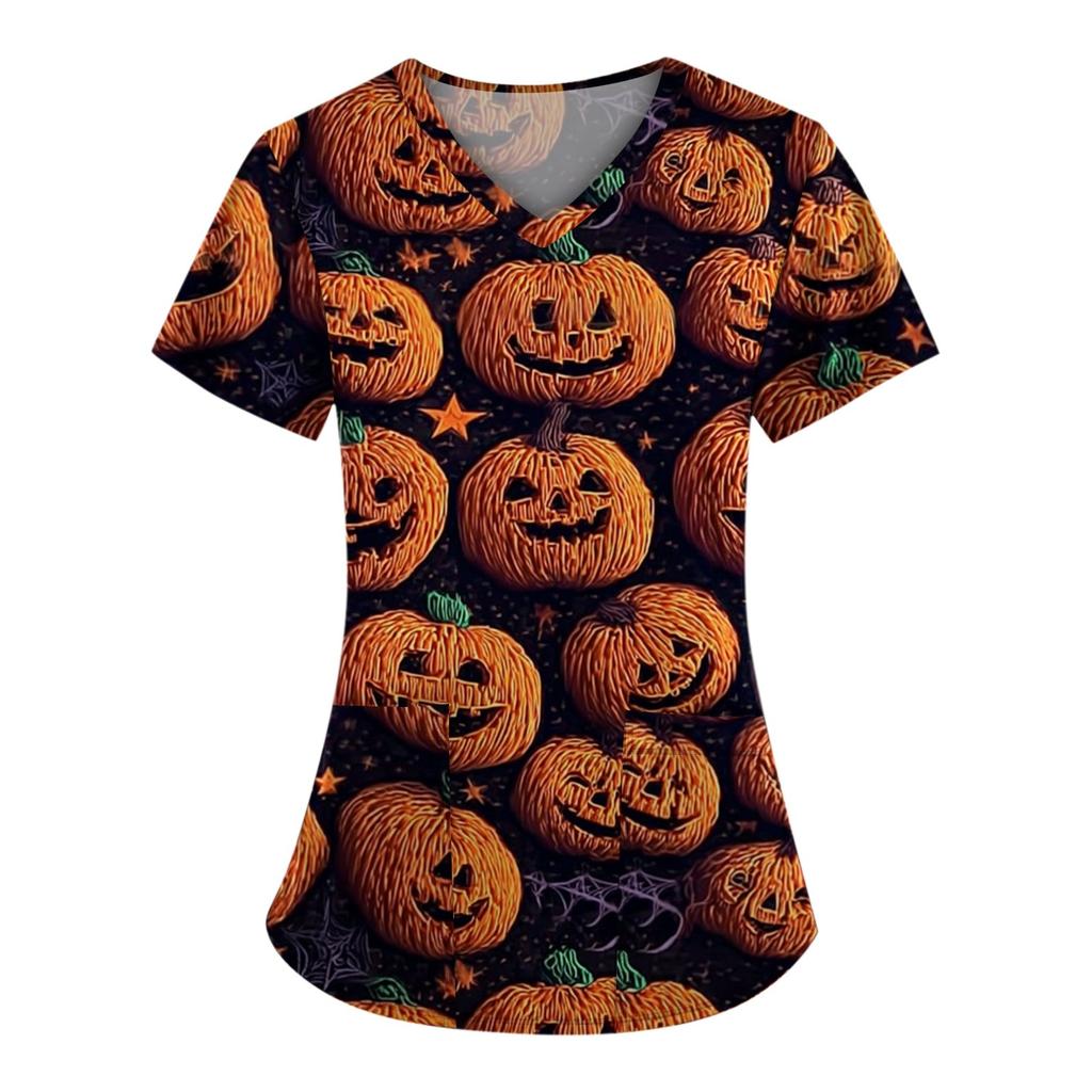 Плюс размерСкраб с принтом Рабочая форма Топы для женщин Крест V-образным вырезом Хэллоуин Принт с короткими рукавами Забавные футболки Спецодежда Футболка с карманами