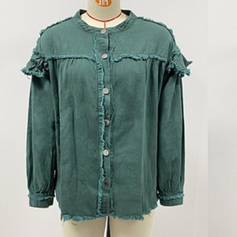 Женская персонализированная уличная джинсовая куртка с рюшами и рукавами-фонариками больших размеров, потертая цветная джинсовая куртка с необработанными краями