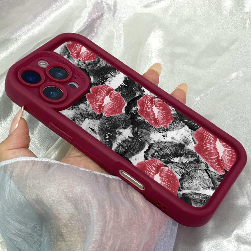 JT87 Черные Красные Губы Поцелуй Целующиеся для iPhone 17 16 15 14 Pro Max Samsung S26 S25 Ultra A17 A16 A07 A56 Xiaomi 15T 13T Redmi 14C 15c Мягкий Чехол из ТПУ