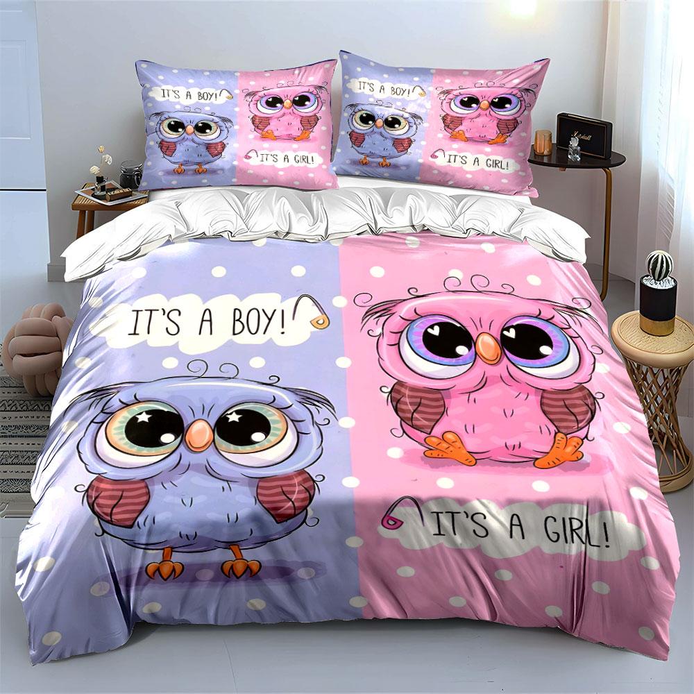 Cute owl boy and girl illustration Print Bedding Set 1 Duvet Cover 2 Pillowcases for Adult and Children Luxury Gift Full Size