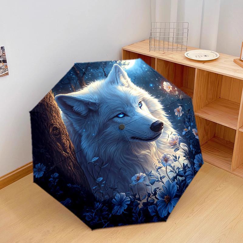 1 шт. Автоматический складной зонт - Волк в лунном узоре, Портативный и складной дизайн с 8 спицами, Рождественские и Новогодние подарки