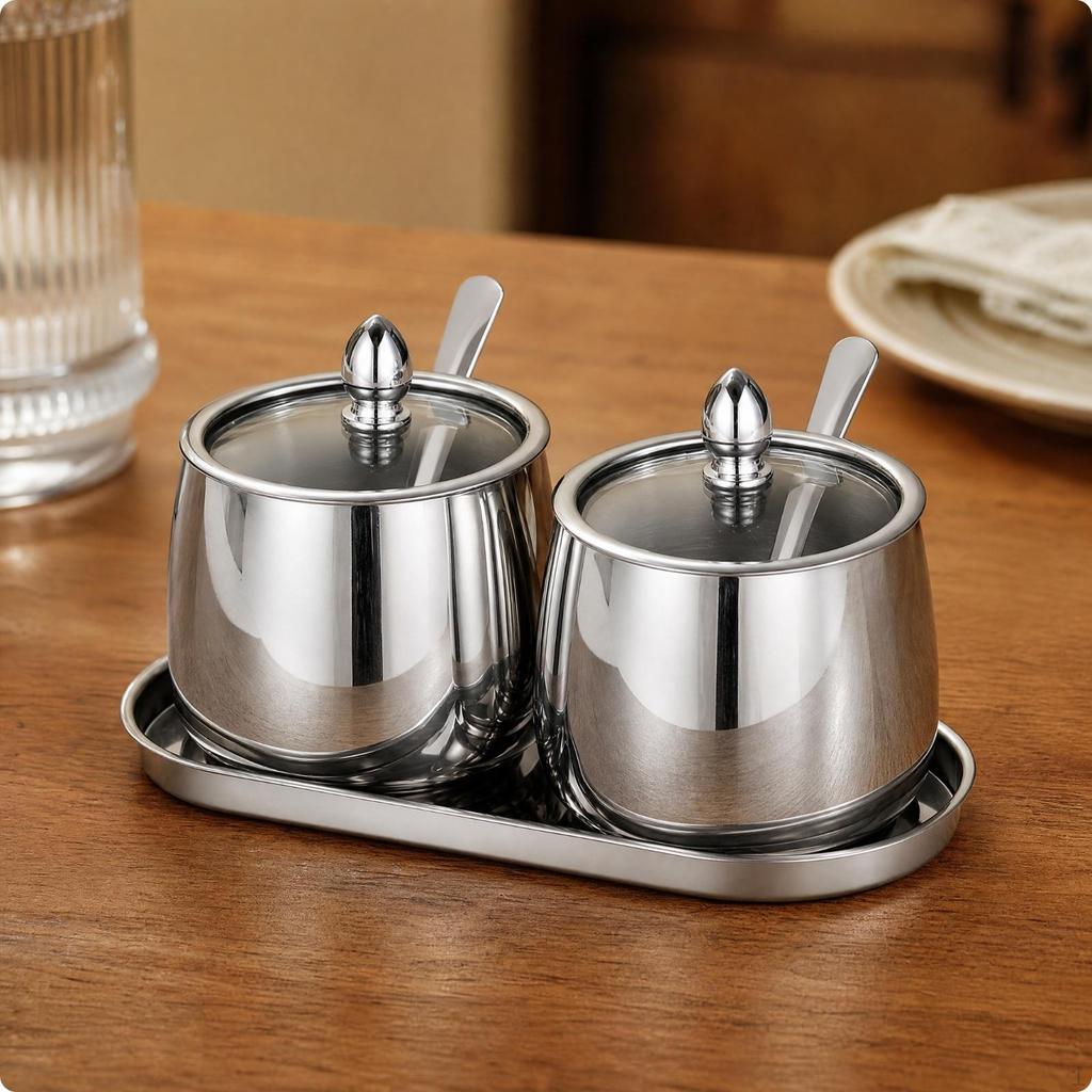 2 Pieces Stainless Steel Condiment Pot Set with Tray Multipurpose