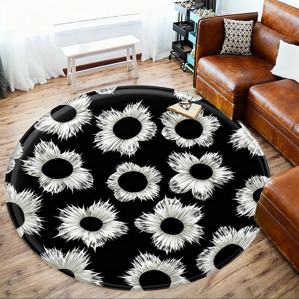 1 шт. Черно-белый цветочный узор Круглый коврик для стула Офисная ковровая дорожка - Нескользящий, Напольный коврик для офиса, спальни, Идеальный подарок для декора дома p0105048