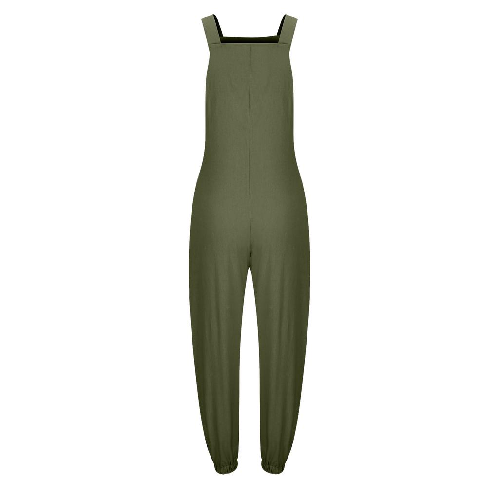 Women's Fashionable Casual Solid Color Sleeveless Vest Cotton Linen Jumpsuit Pocket Overalls