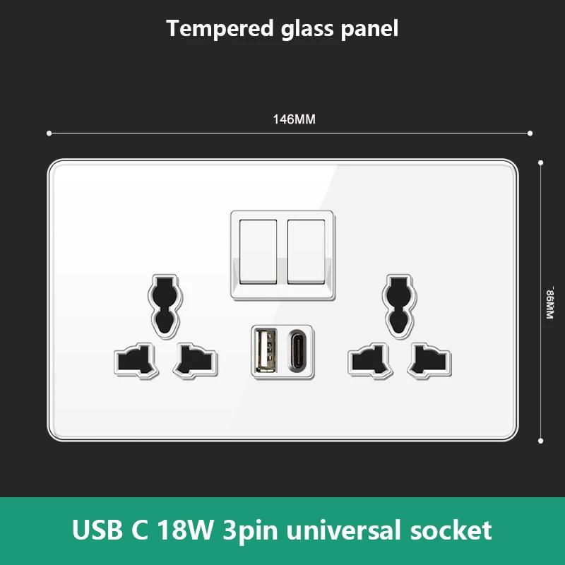 UN UK RU Standard Wall Light Switch Power Socket,18W Plug Type-C USB Quick Charging Universal 5-pin Tempered Glass Socket Outlet