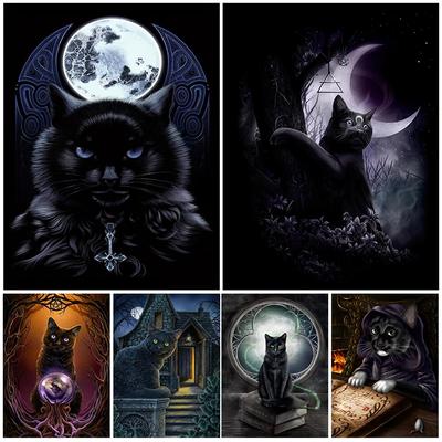 Черные кошки-ведьмы, винтажная настенная живопись на холсте, темная фантазия, черный готический лунный кот, художественный постер и принт, домашний декор без рамки