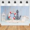 Nautical theme baby party background for photography, sailboat, boat, starfish, wooden board, sailor portrait, Photo background