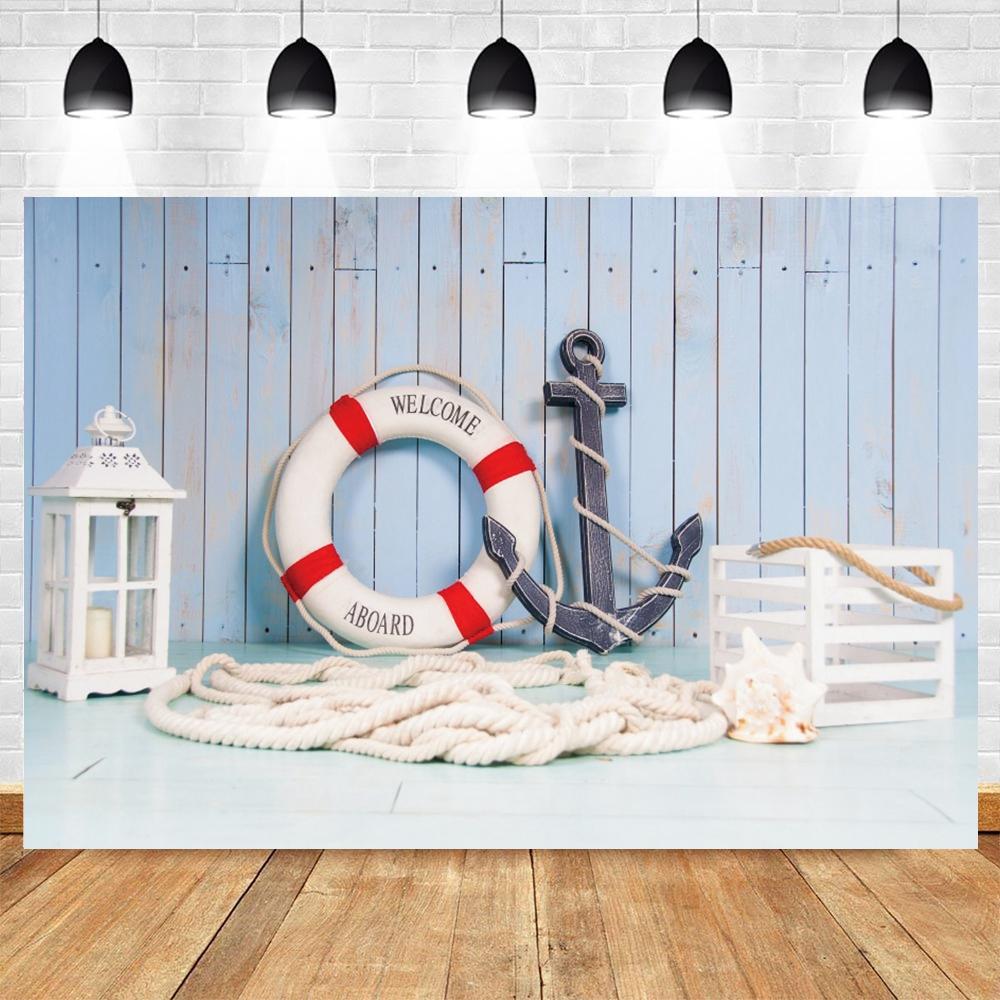 Nautical theme baby party background for photography, sailboat, boat, starfish, wooden board, sailor portrait, Photo background