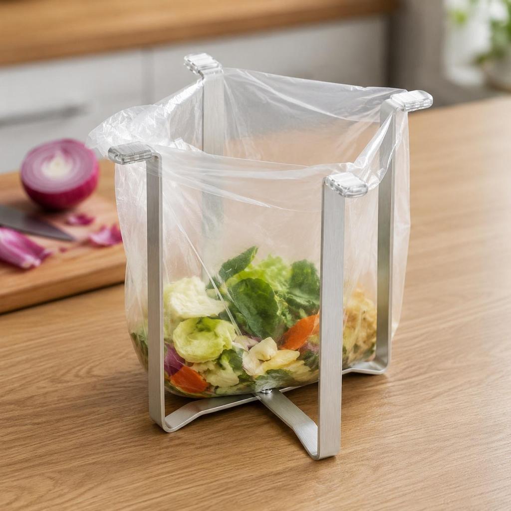 Foldable Trash Bag Holder Stainless Steel Desktop Food Waste Bin Draining Net Compact