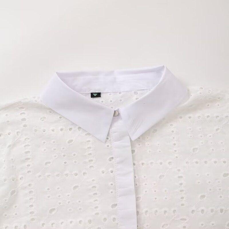 Fashion Summer New Product Women's Clothes Long Sleeves Lapel Loose Casual White Tops Cut Out Embroider Shirt 2859699