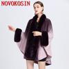 6 Colors Gradient Long Sleeves Poncho Capes Women Overcoat Cloak Winter Big Pendulum Faux Rabbit Fur Collar Cardigan Loose Coat