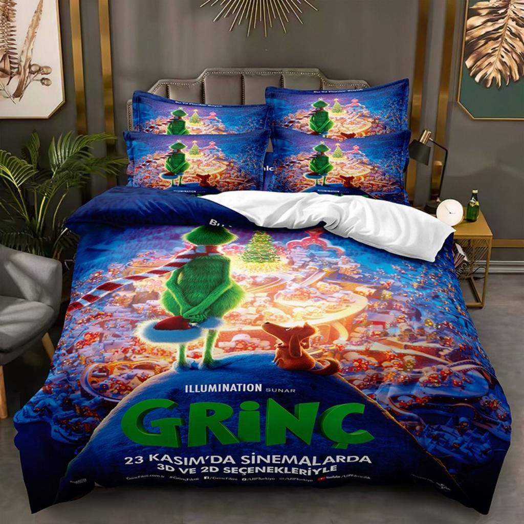 Cartoon G-Grinch 3D Cartoon Duvet Cover Soft Skin-Friendly Breathable Bedding Set with Zipper for Kids Boys Girls Bedroom Decor