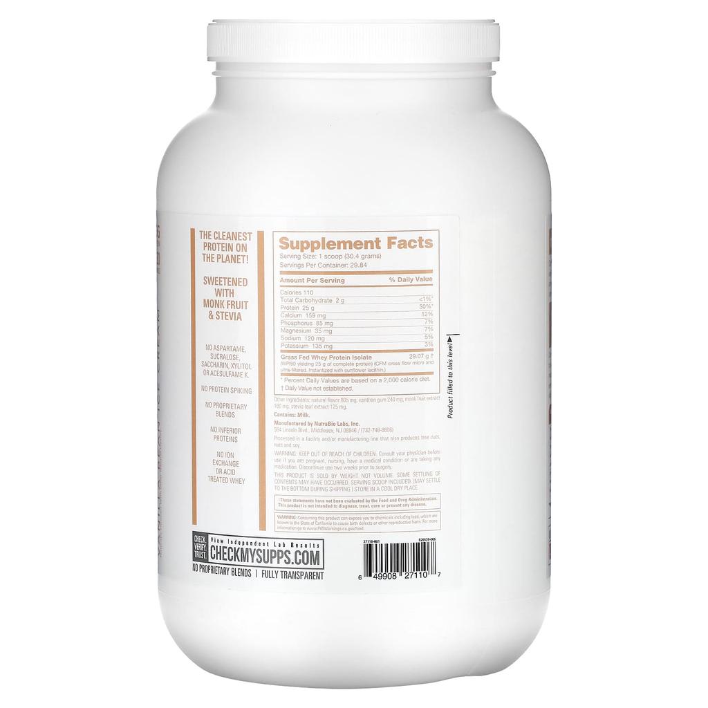 NutraBio, Grass-Fed Whey Protein Isolate, Vanilla Bean Ice Cream, 2 lb (907 g)