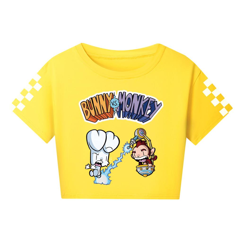 4187 Kid Girls Bunny Monkey Print Short Sleeve Short T-Shirt