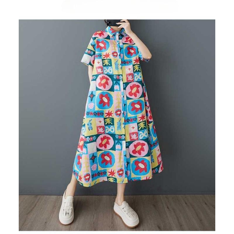 Women's Short Sleeved Loose Fashion Printed Mid Length Shirt Dress