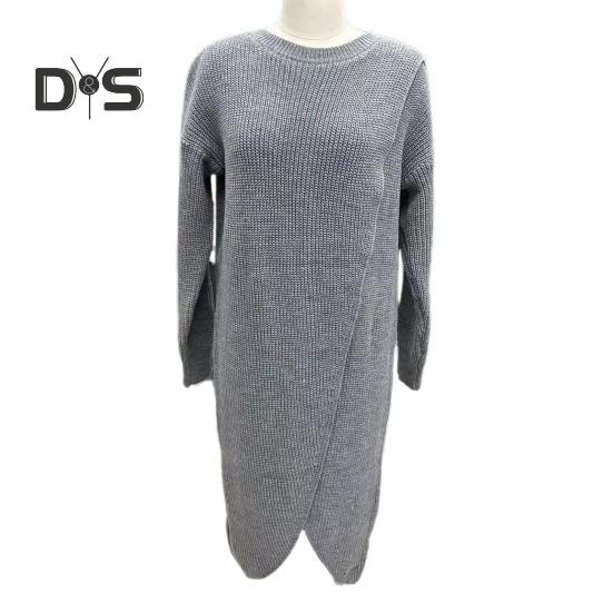 Women Fall Winter Dress Irregular Split Hem Knitted Loose Soft Thick Warm Long Sleeve Solid Color Mid Length Sweater Dress