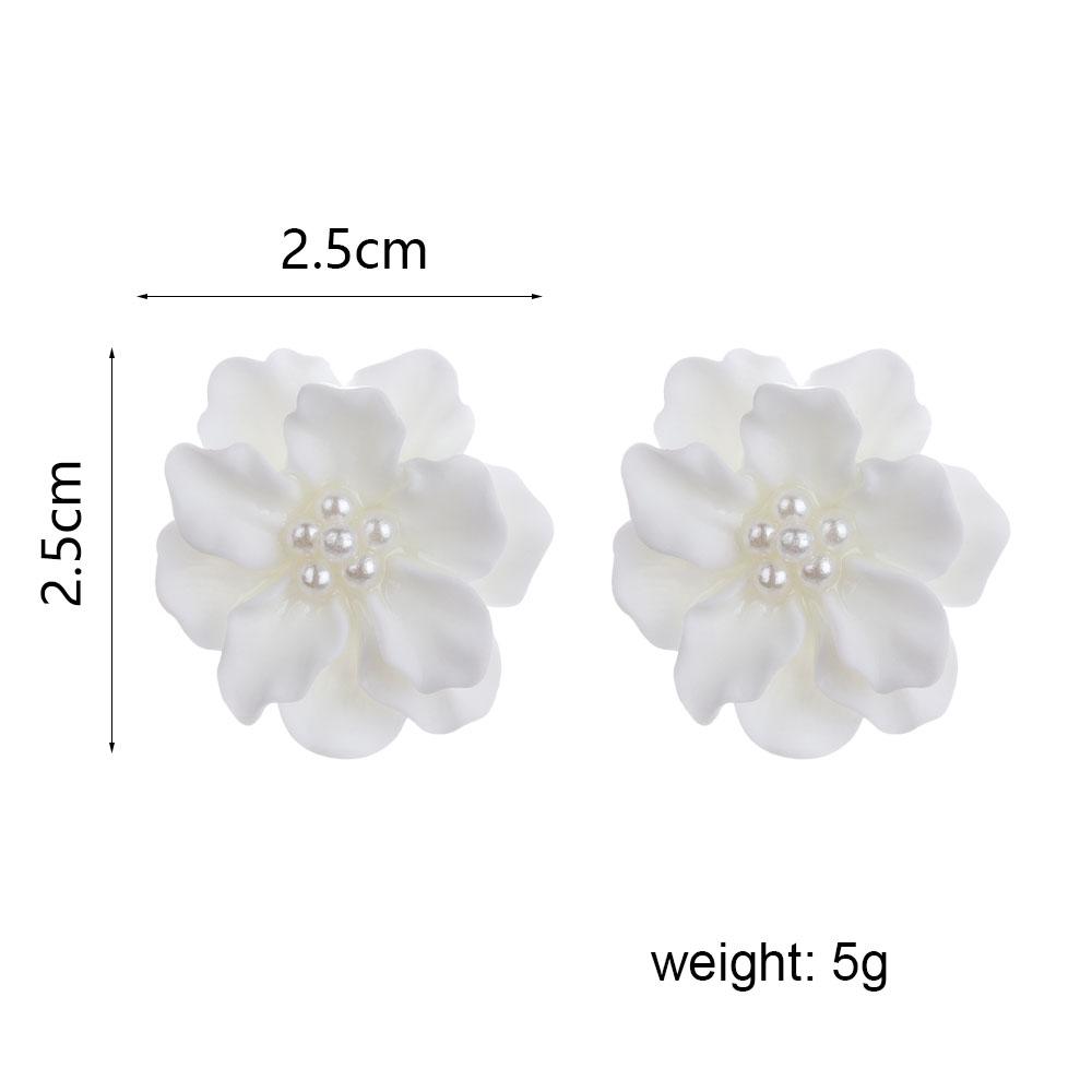 Elegant Women Girl Inlay Beads Simulated Pearl Stud Earrings Camellia Big White Flower