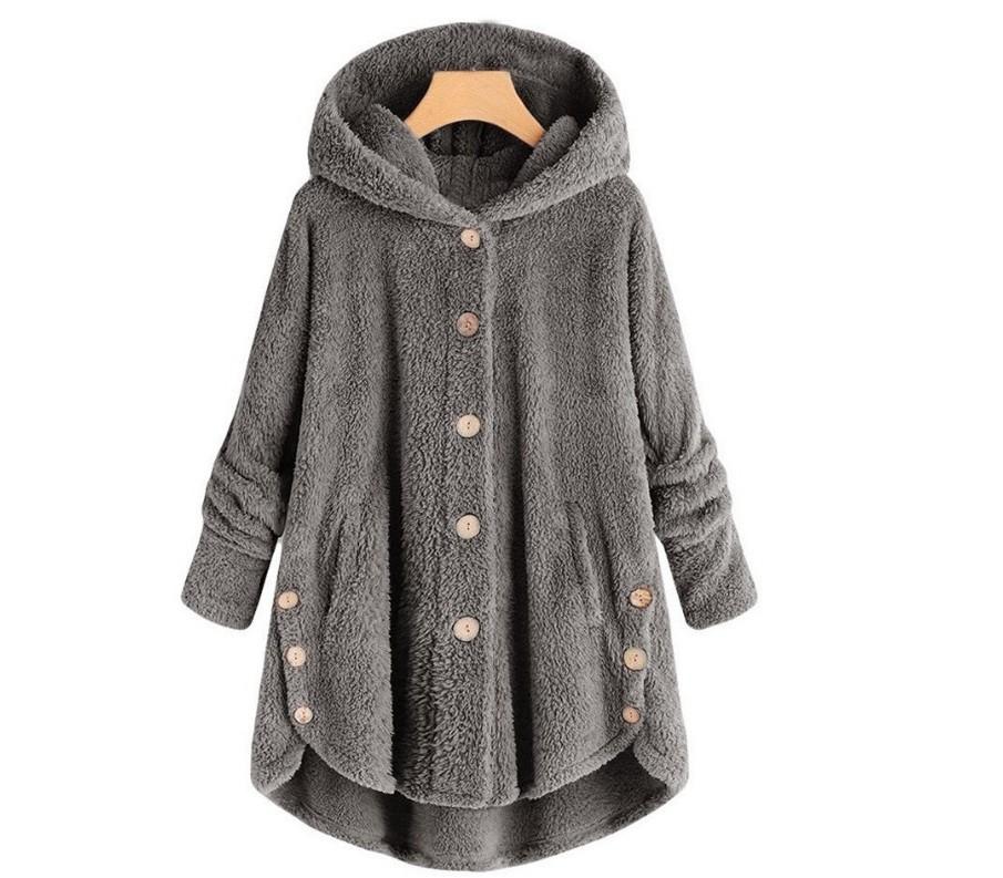 Women's Coat Button Plush Solid Color Hooded Jacket
