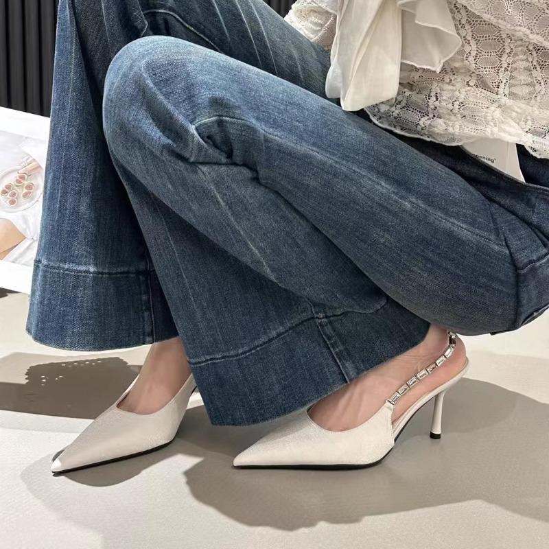 Fashion Shiny High Heels Slingback Silver Women Pumps Metallic Crystal Sandals Pointy Toe Stiletto Heeled Shoes Party Dress Shoes Woman