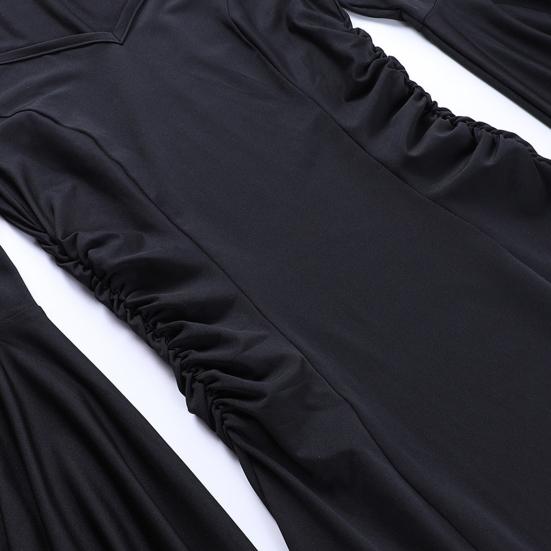 Женское платье на Хэллоуин, подол «рыбий хвост», облегающий крой, нерегулярные манжеты с рюшами, рукава «летучая мышь», готический круглый вырез, сплошной цвет