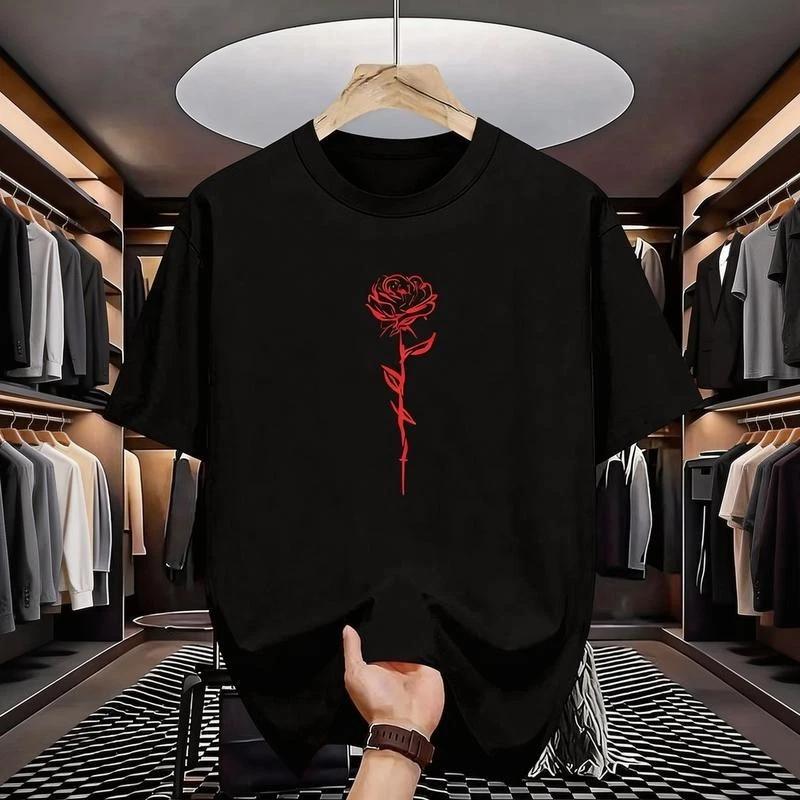 Spring Summer Couple Street Style Red Rose Line Art Print Loose Crew Neck Short