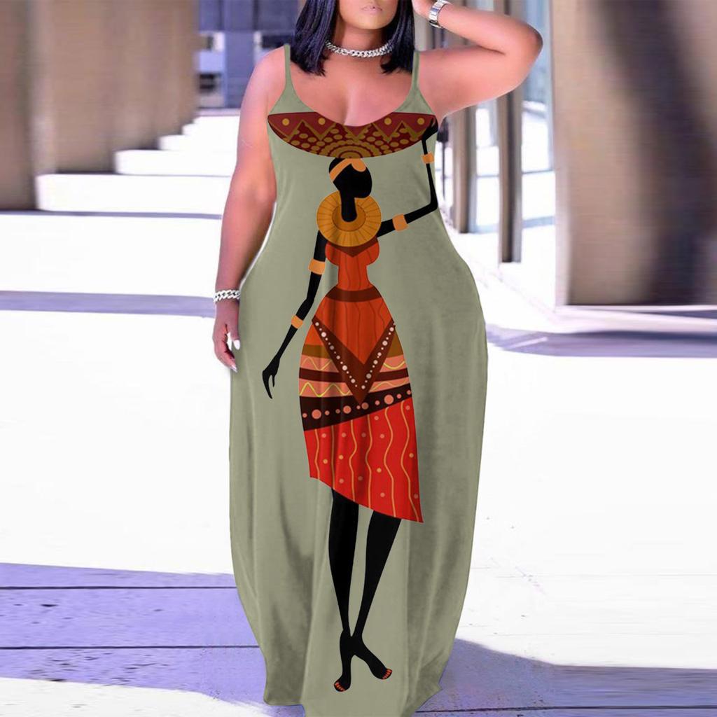 Женские модные летние солнцезащитные платья Длинные спагетти с регулируемым ремешком без рукавов с цветочным принтом Повседневное длинное платье макси для женщин с карманами