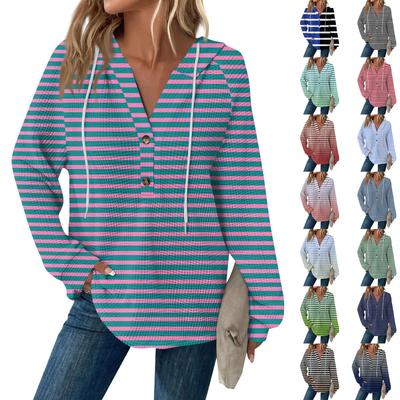 Женская мода с длинным рукавом, завязками на шнурке, капюшоном, пуговицами, V-образным вырезом, повседневная толстовка с капюшоном и принтом