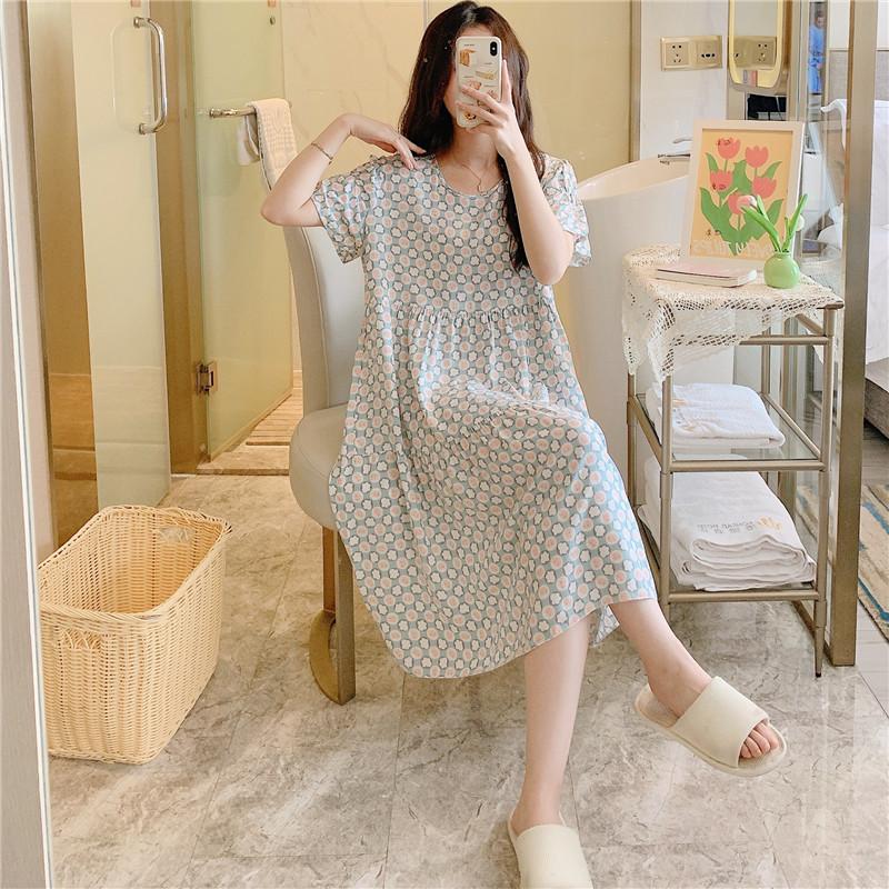 Cotton and silk nightgown women's spring and autumn casual short-sleeved large-size printed pajamas summer thin high-end cotton loungewear