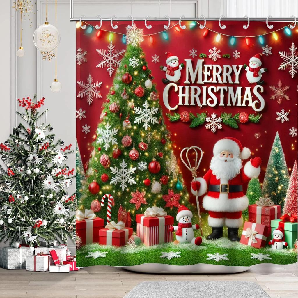 Christmas Festival decorations Santa Claus Pattern Bathroom Shower Curtain With 12  Hooks Home bathroom decor and accessories