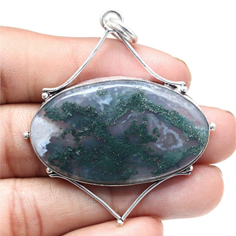 Ожерелье Моховой Агат Драгоценный камень Ручной работы Античное серебро Ювелирные изделия 2,25"