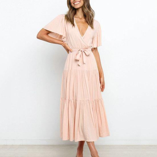 Женское летнее платье миди с v-образным вырезом и короткими рукавами, пояс с высокой талией и рюшами, однотонное платье трапециевидной формы, уличная одежда