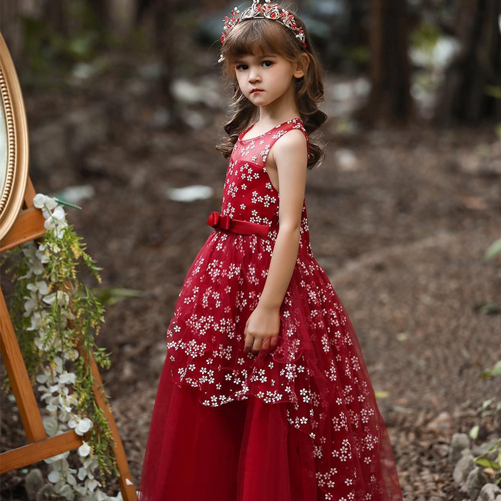 Весенне-летнее детское платье с цветочным принтом, тюлевое платье принцессы без рукавов с цветочным принтом для девочек, длинное детское свадебное платье с высокой талией