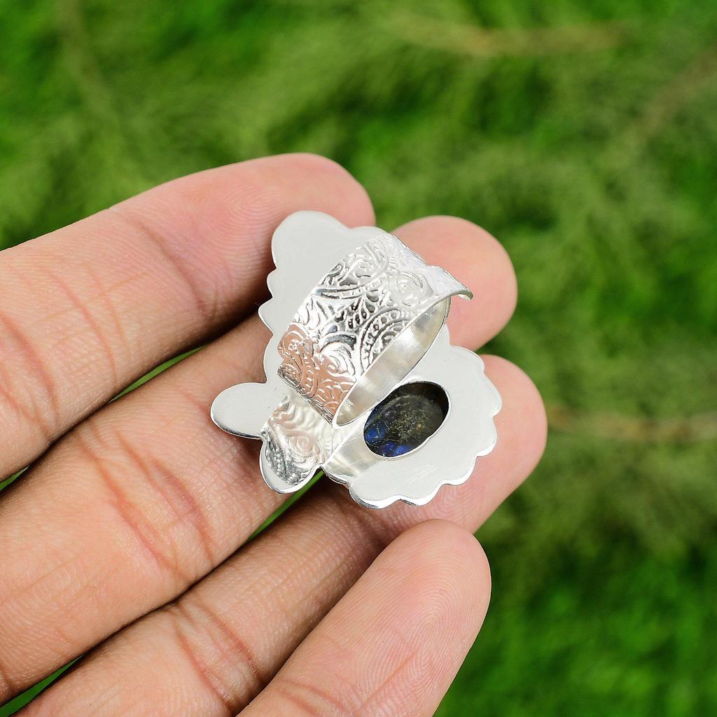 Wedding Gift For Her 925 Silver Natural Labradorite Statement Adjustable Ring