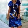 Summer Fashion V-neck Dress Ladies Short Sleeve Butterfly Moon Printed Dress Loose Casual Dress for Women