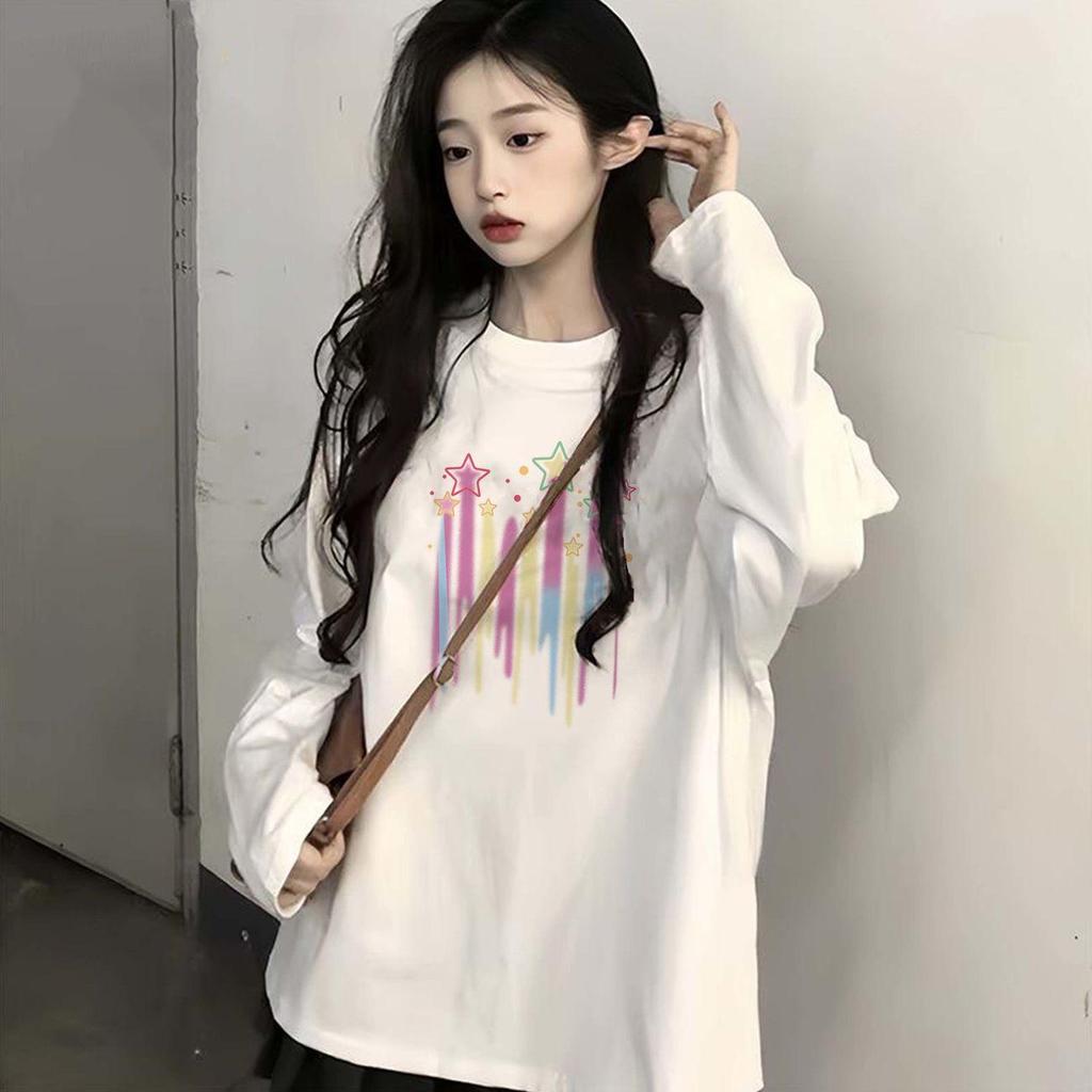 Женский универсальный хлопковый топ с длинным рукавом и круглым вырезом с принтом - Свободный крой для весны и осени 2025