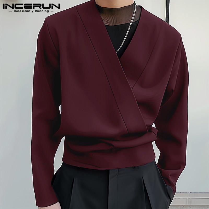 INCERUN Men V Neck Long Sleeve Open Front Tops Casual Slim Waist Pullovers