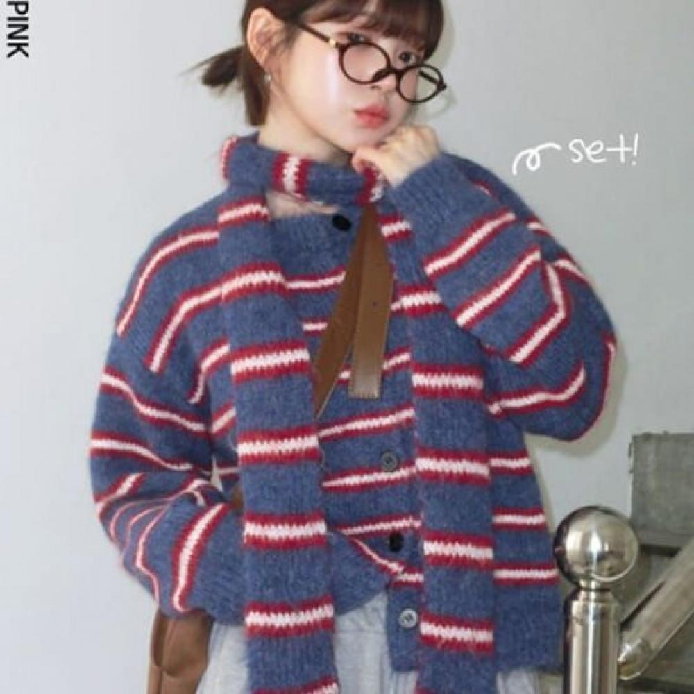 The Pink Men Puda Stripe Wool Knit Cardigan + Scarf Set
