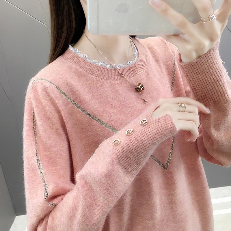 Pofulove Women Lace Round Neck Button Long Sleeve Sweater Slim Warm Pullover Undershirt Sweatshirts