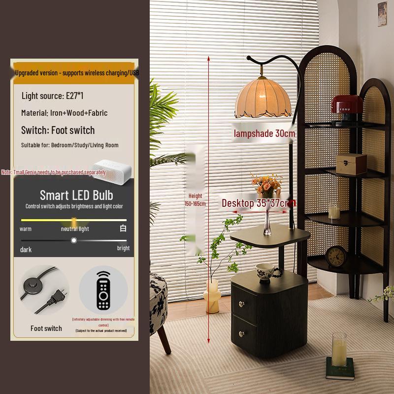 Французская прикроватная тумбочка в стиле середины века: Массив дерева, Встроенная лампа, Креативная полка для хранения