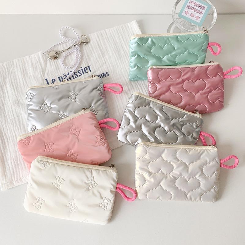 Women Cosmetic Bag Bow Silver Glossy Mini Makeup Bag  Coin Purse Coin Pouch Cute Wallet Portable Earphones Data Cable Bag