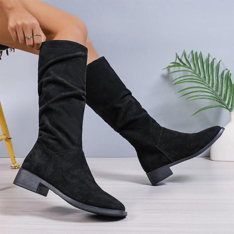 Женские замшевые сапоги челси до колена на среднем каблуке, модные зимние туфли 2024 года, новые туфли для ходьбы, классические трендовые туфли Chaussures Femme