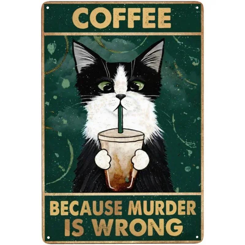 Retro Metal Tin Sign More Espresso Less Depresso Poster Drinking Poster Coffee Lover Gift Funny Black Cat Wall Art