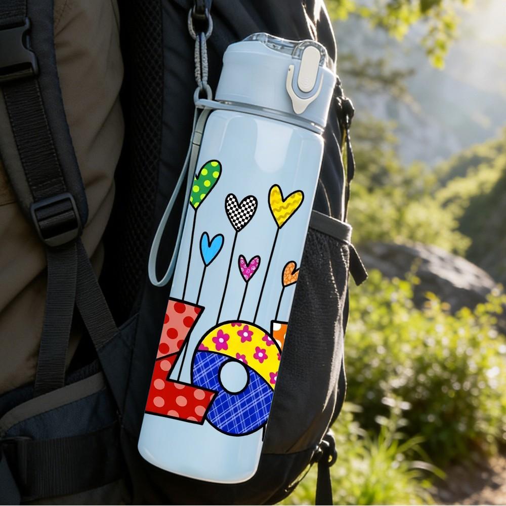 1PC Love Word Multicolor Heart Balloon Art 750ml Color Plastic Sports Water Bottle Leakproof Flip Straw Lid Suitable for Sports Office Home Use