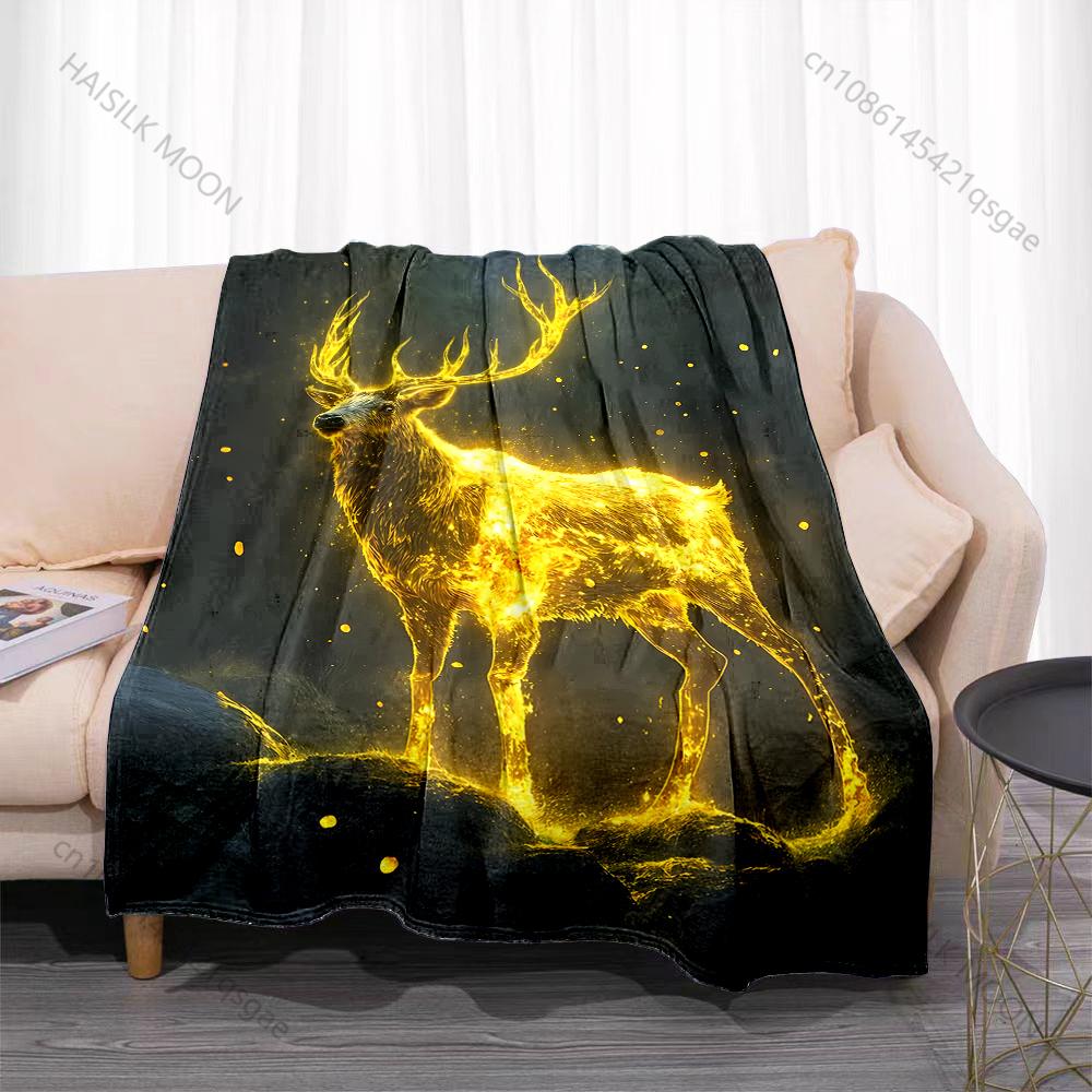 1PC Glowing deer stands on rocks Print Adult Children Warm Blankets Home Travel Car Soft Comfortable Suitable for all seasons