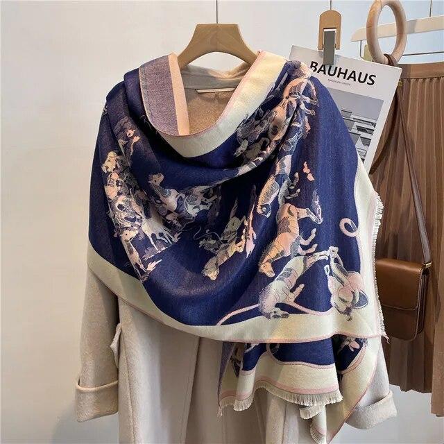 Толстый теплый зимний шарф, роскошный дизайн, принт лошади, женский кашемировый шаль из пашмины, женские шарфы с запахом, женский платок, одеяло, пончо